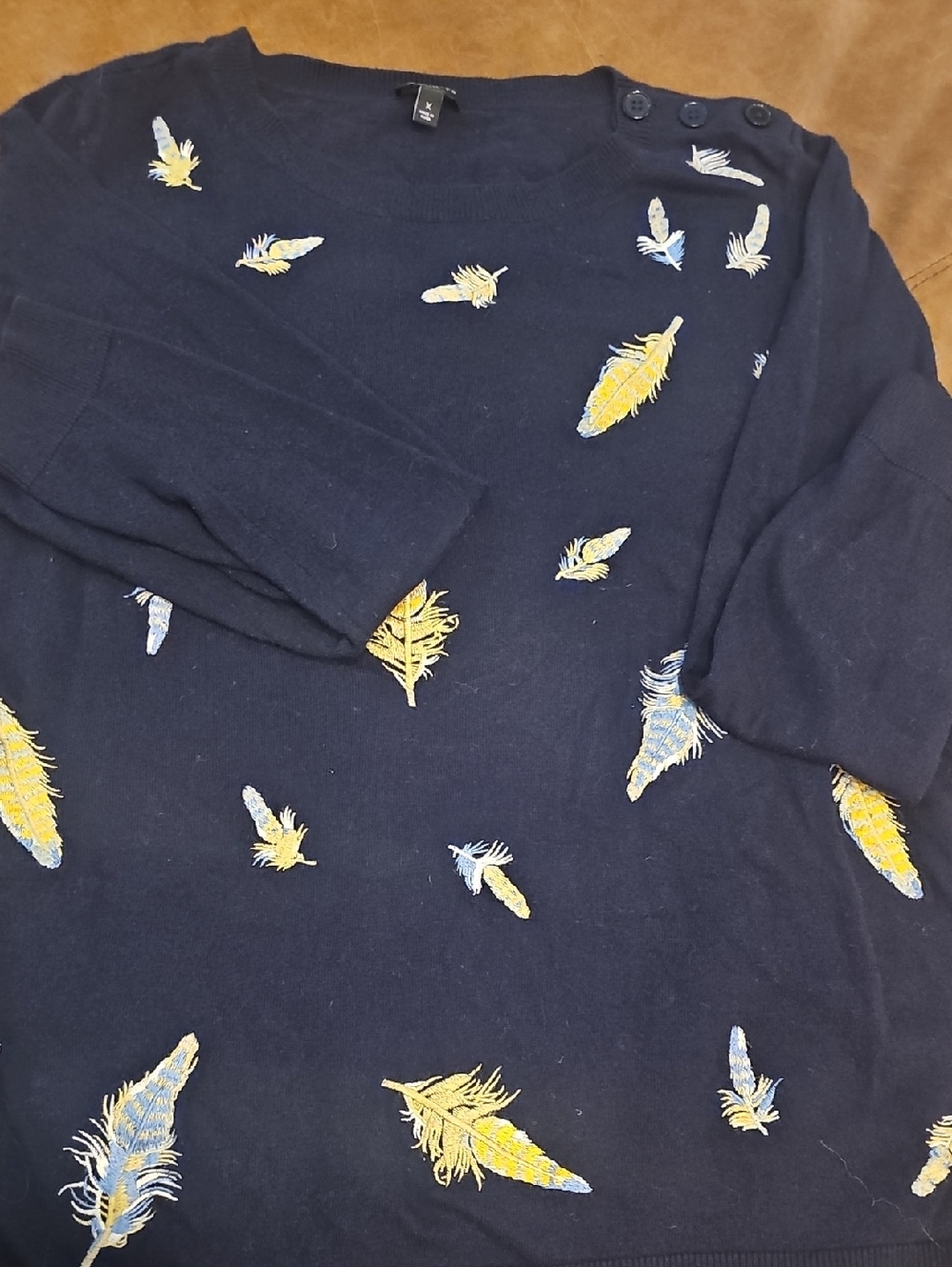 Talbots Navy Embroidered Feather Crewneck Sweater